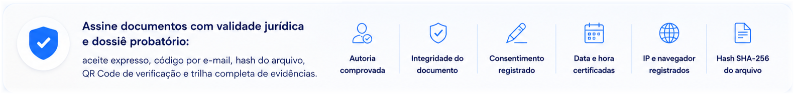 Autoria comprovada, integridade do documento, consentimento registrado, data e hora certificadas, IP e navegador registrados, hash SHA-256 do arquivo
