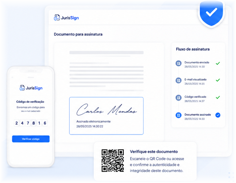 Mockup do fluxo JurisSign com documento, código e verificação